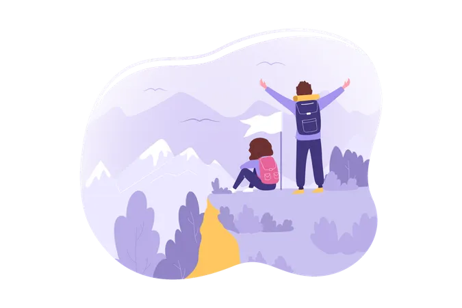 Couple reached at top of hiking point  Illustration