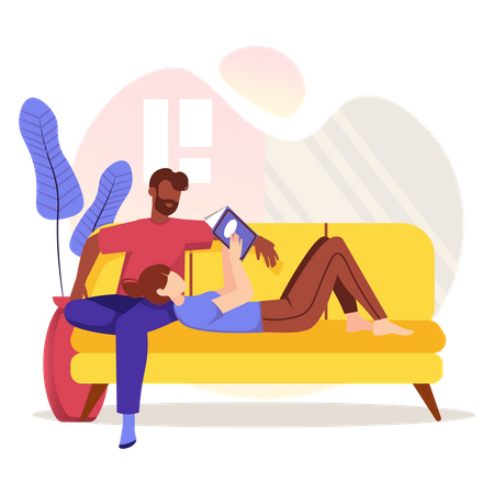 Couple reading book and sitting on couch Illustration