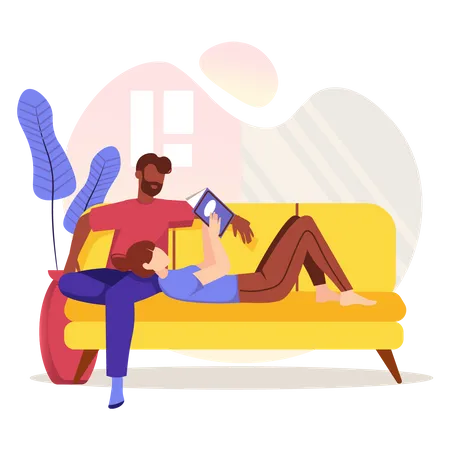 Couple reading book and sitting on couch Illustration