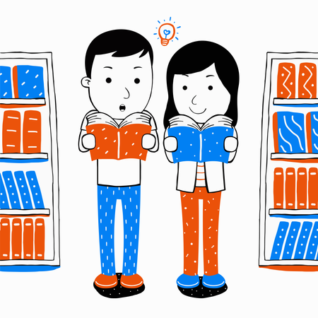 Couple reading book at library  Illustration