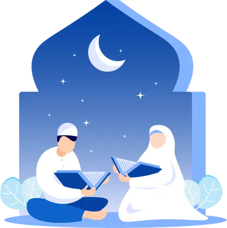 Couple reading Quran book together  Illustration