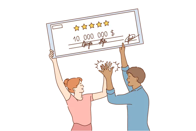 Success Winning Luck Gambling Goal Achievement Concept Young Happy Couple African American Man Woman Standing With Huge Dollar Bill Giving High Five Successful Jackpot And Reaching Purposes Illustration