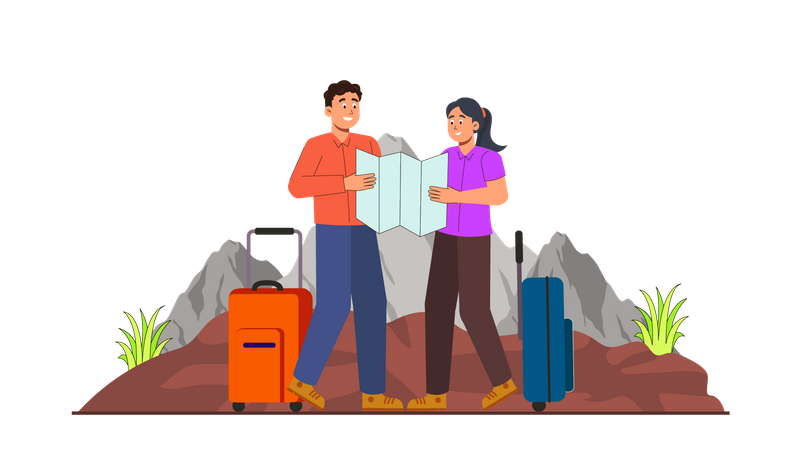 Couple recherchant des directions sur la carte  Illustration