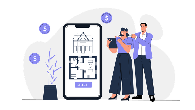 Couple regardant le plan de la maison dans une application mobile  Illustration