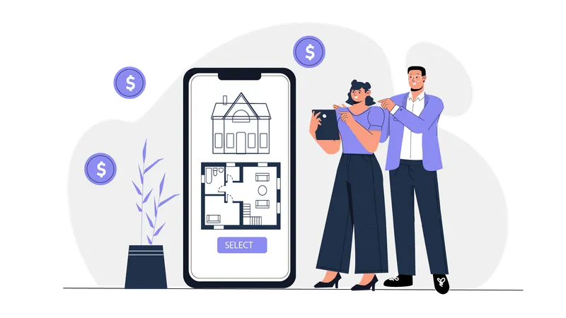 Couple regardant le plan de la maison dans une application mobile  Illustration