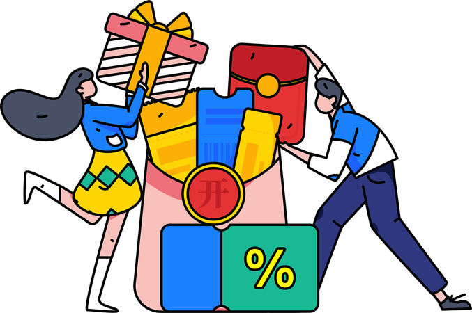 Un couple reçoit des bons cadeaux pour faire du shopping  Illustration