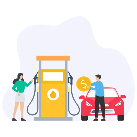 Couple refueling car at gas station  Illustration