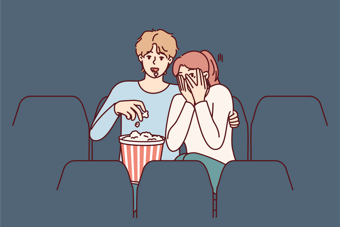 Couple regardant un film d’horreur au théâtre  Illustration