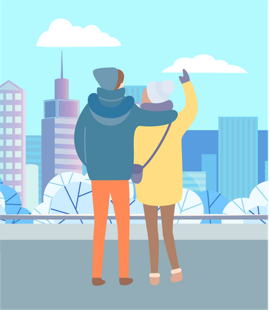 Couple regardant la vue sur la ville en hiver  Illustration