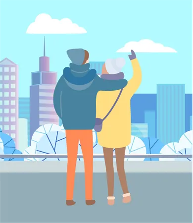 Couple regardant la vue sur la ville en hiver  Illustration