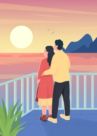 Couple regardant un coucher de soleil romantique  Illustration