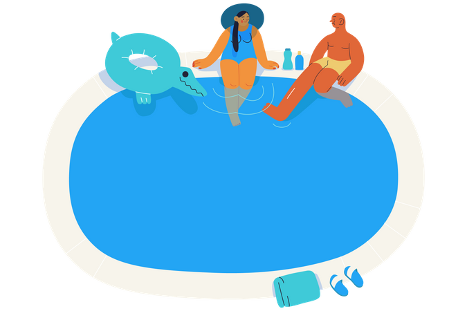 Couple Relaxing and Chilling near Swimming Pool  Illustration