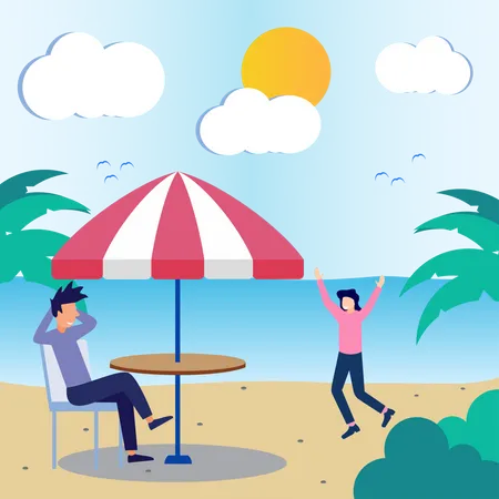 Couple relaxing at beach Illustration