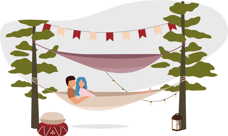 Romantic Weekend Outdoor 2 D Vector Isolated Illustration Couple Relaxing In Camping Hammock Flat Characters On Cartoon Background Backpacking Trip Comfortable Campsite Colourful Scene Illustration