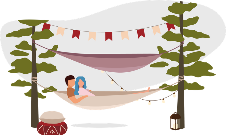 Couple relaxing in camping hammock  Illustration