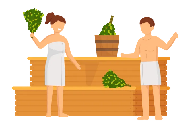 Couple relaxing in sauna Illustration