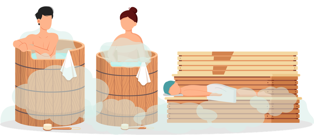 Couple relaxing in steam bath  Illustration