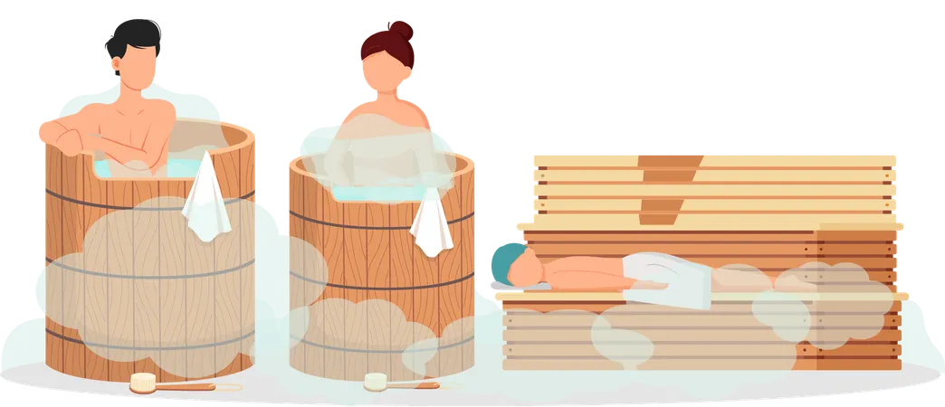 Couple relaxing in steam bath  Illustration