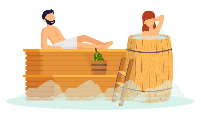 Couple relaxing in steam room  Illustration