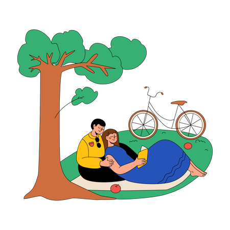 Couple Relaxing In The Garden On The Lawn  Illustration