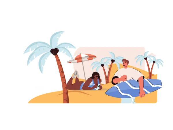Summertime Web Concept Relaxing On Beach Surfing By Sea Resort Summer Vacation Scene Banner Template With Flat Line Characters Design Vector Illustration For Social Media Promotional Materials Illustration