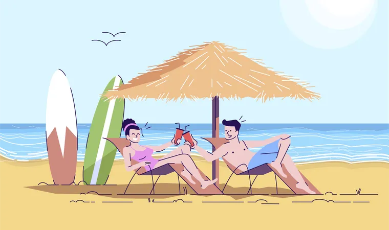 Couple Of Surfers On Beach Flat Doodle Illustration Man And Woman On Loungers Having Drinks At Seaside Summer Vacation Indonesia Tourism 2 D Cartoon Character With Outline For Commercial Use Illustration