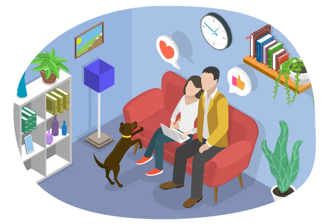 3 D Isometric Flat Vector Conceptual Illustration Of Couple With Laptop Relaxing Together At Home Illustration