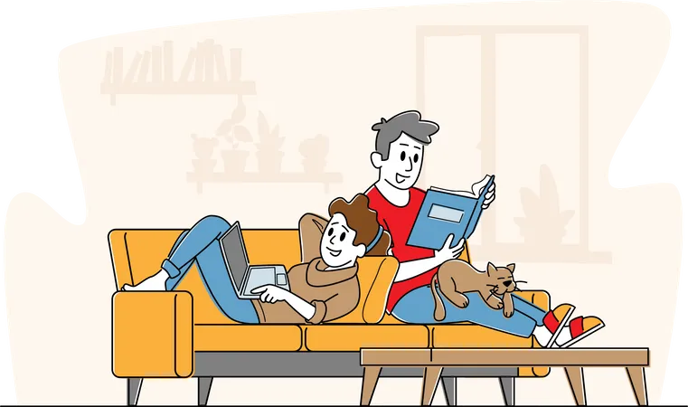Couple Relaxing Together at Home Sitting on Sofa with Book and Laptop  Illustration