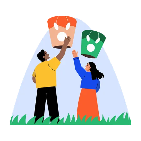 イースターのランタンを空に放つカップル  イラスト