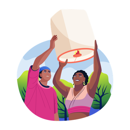 Couple releasing lantern  Illustration