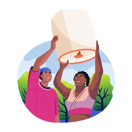 Couple releasing lantern  Illustration