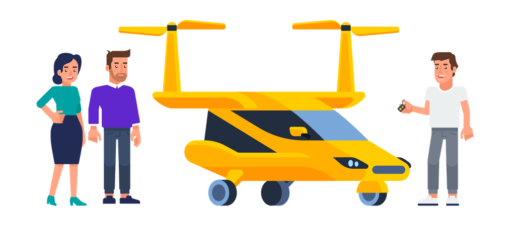 Couple renting flying car  Illustration