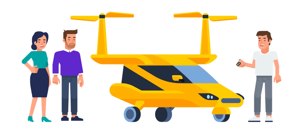 Couple renting flying car  Illustration