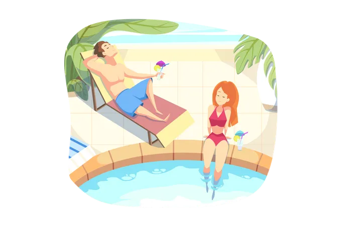 Couple se repose ensemble à la piscine avec un cocktail  Illustration