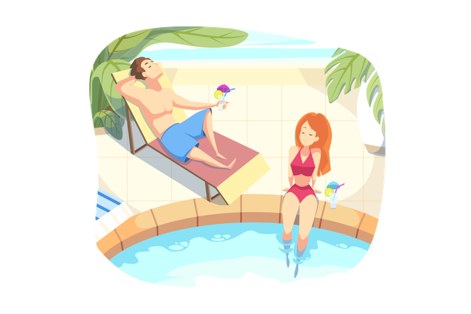 Couple rest together at swimming pool with cocktail  Illustration