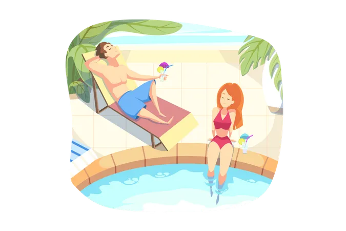 Summer Vacation Holiday Rest Concept Couple In Love Boyfriend Girlfriend Tourists Travelers On Holiday Rest Together At Hotel Swimming Pool With Cocktail Summer Vacation At Sea Or Ocean Resort Illustration