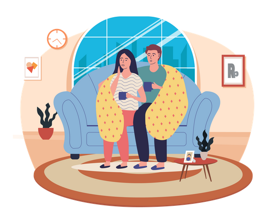 Couple resting and drinking antiviral at home Illustration