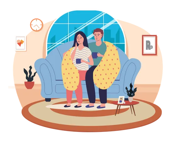 Protect Human Health Concept Couple Resting And Drinking Antiviral At Home Man And Woman In Blanket Drink Tea Treated At Home Sitting On Couch Guy And Girl Spend Time Together Take Medication Illustration