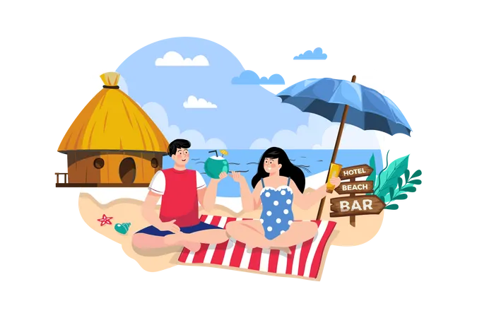 Couple Resting At Seaside Resort Illustration