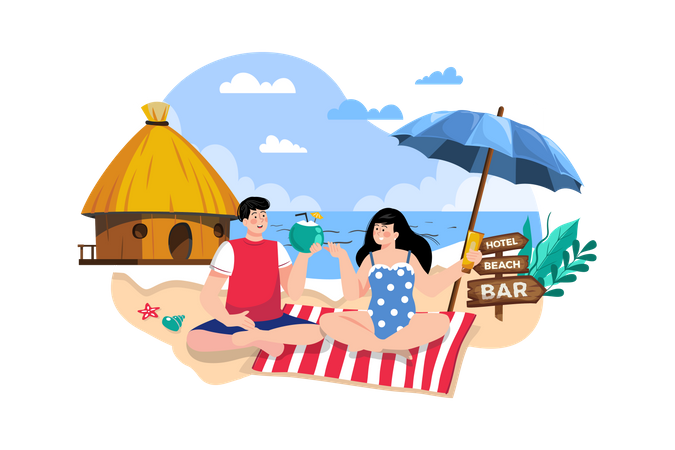 Couple Resting At Seaside Resort  Illustration