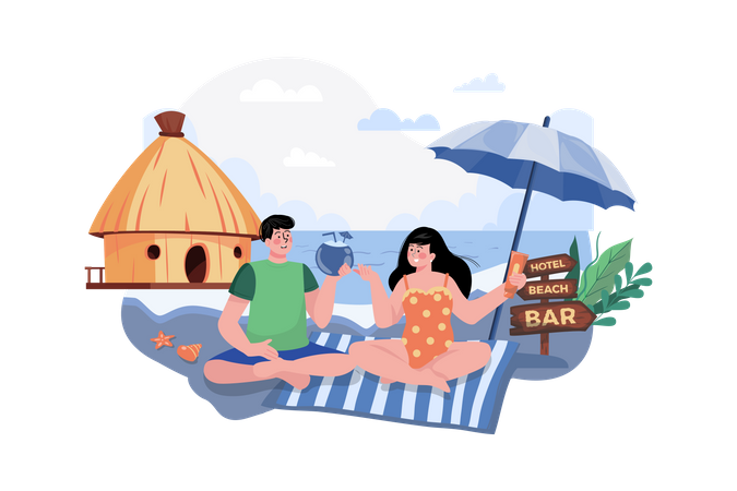 Couple Resting At Seaside Resort  Illustration