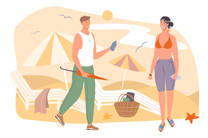Couple resting on beach by sea Illustration