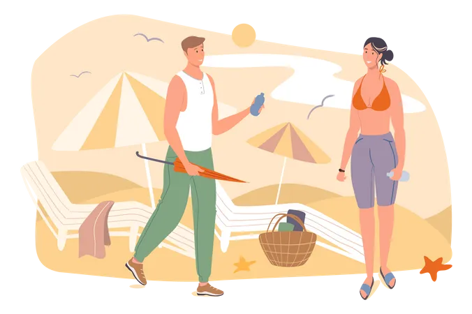 Summer Travel Web Concept Couple Resting On Beach By Sea Man Giving Sunscreen To Sunbathing Woman Standing By Sun Loungers People Scenes Template Vector Illustration Of Characters In Flat Design Illustration