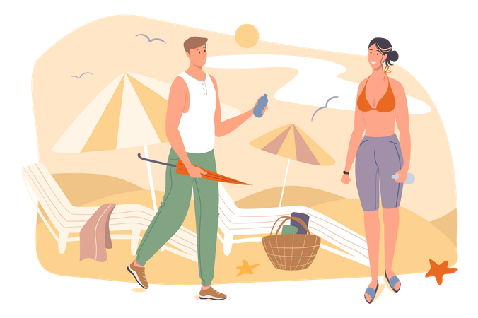 Couple resting on beach by sea  Illustration