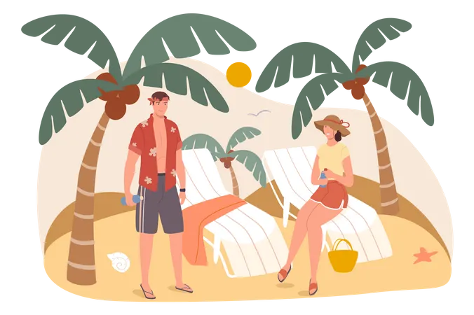 Summer Travel Web Concept Couple Resting On Seashore Man And Woman Sunbathing On Sun Loungers Under Umbrella On Beach People Scenes Template Vector Illustration Of Characters In Flat Design Illustration