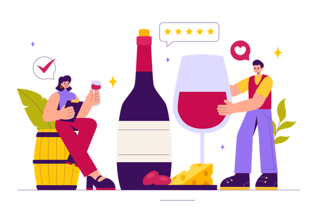 Couple reviewing wine with cheese  Illustration