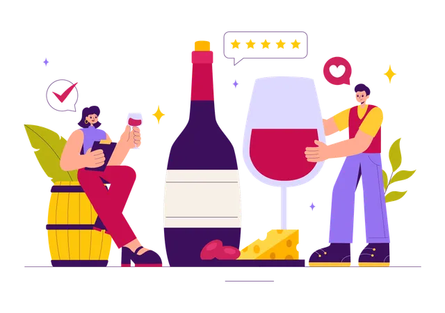 Couple reviewing wine with cheese  Illustration