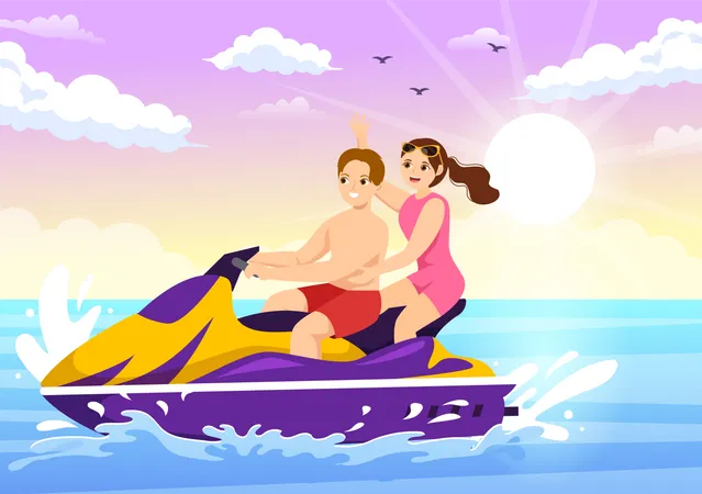 Couple ride jet ski together Illustration