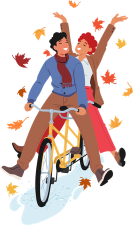 Couple rides bicycle in autumn  Illustration