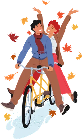 Couple Characters Rides A Bicycle In The Crisp Autumn Breeze Adorned With Falling Leaves Laughter Echoing Warm Hues Surround Them Painting A Picturesque Scene Of Seasonal Joy And Togetherness Illustration